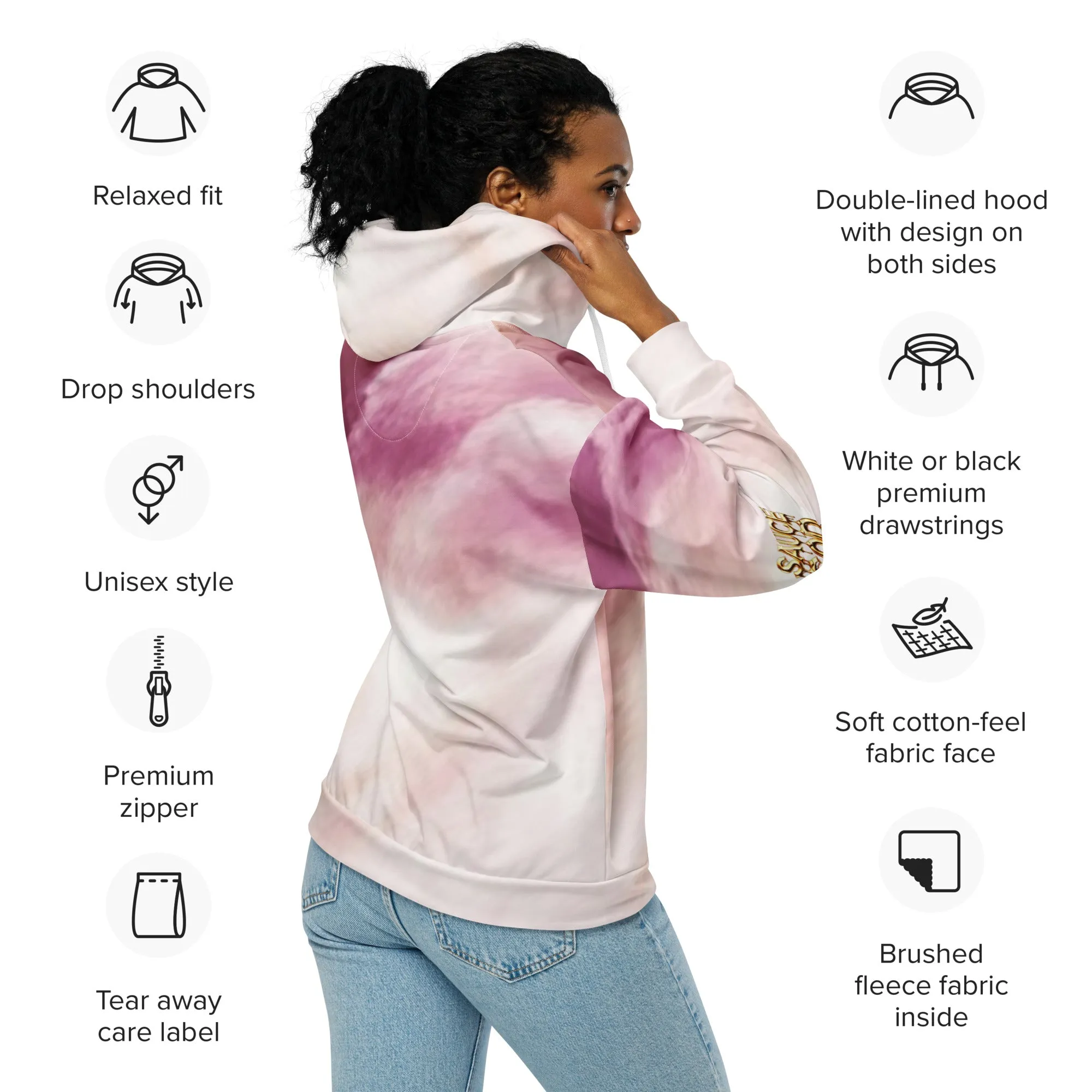 Pink Clouds Hoodie - Eco-Friendly Zip-Up Studio Hoodie with Soft Fleece Lining, Unique Moon Patch
