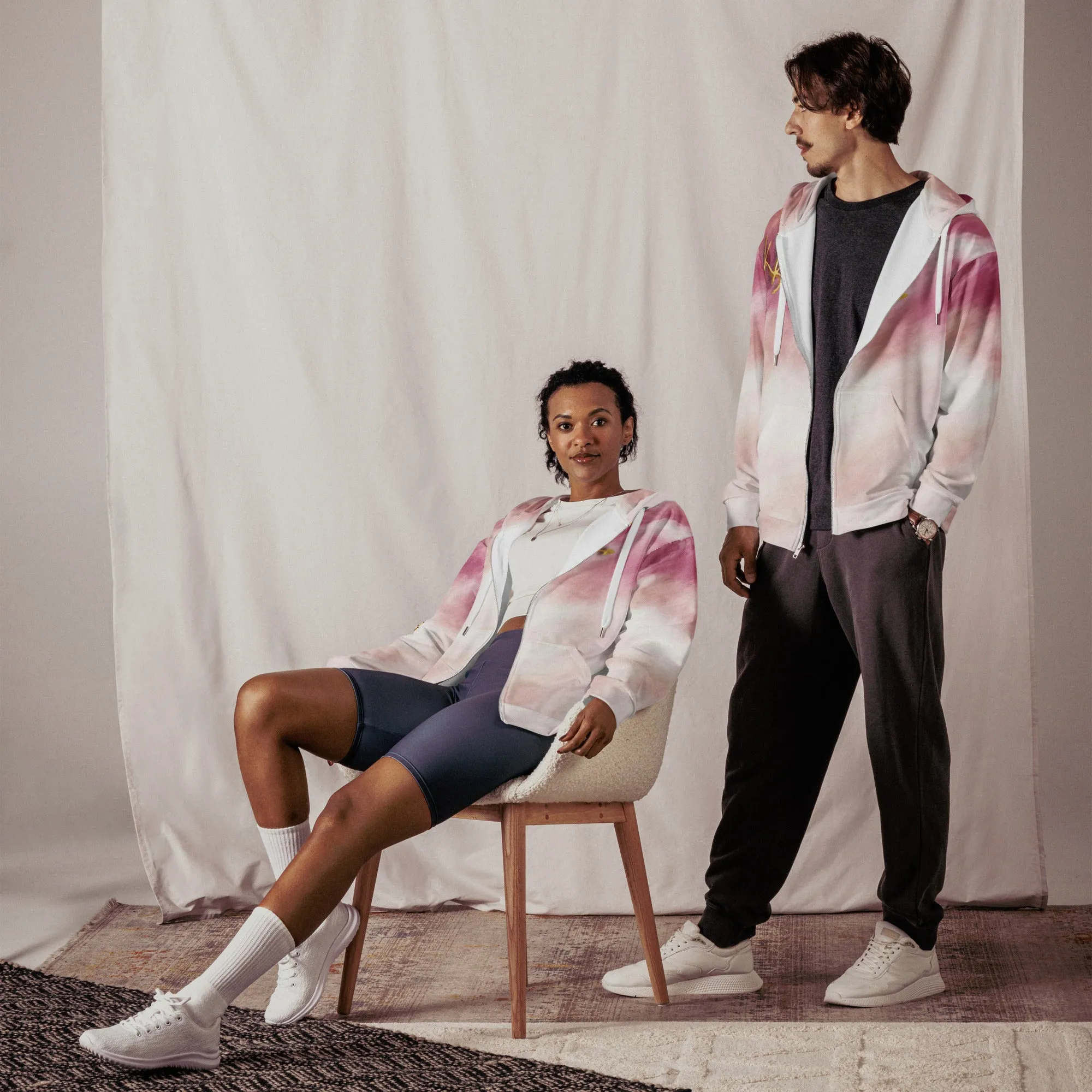 Pink Clouds Hoodie - Eco-Friendly Zip-Up Studio Hoodie with Soft Fleece Lining, Unique Moon Patch