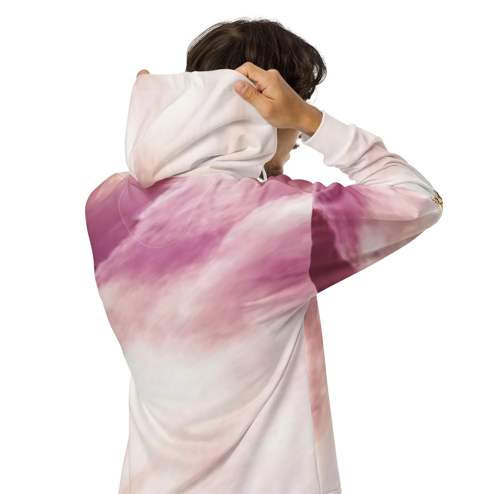 Pink Clouds Hoodie - Eco-Friendly Zip-Up Studio Hoodie with Soft Fleece Lining, Unique Moon Patch