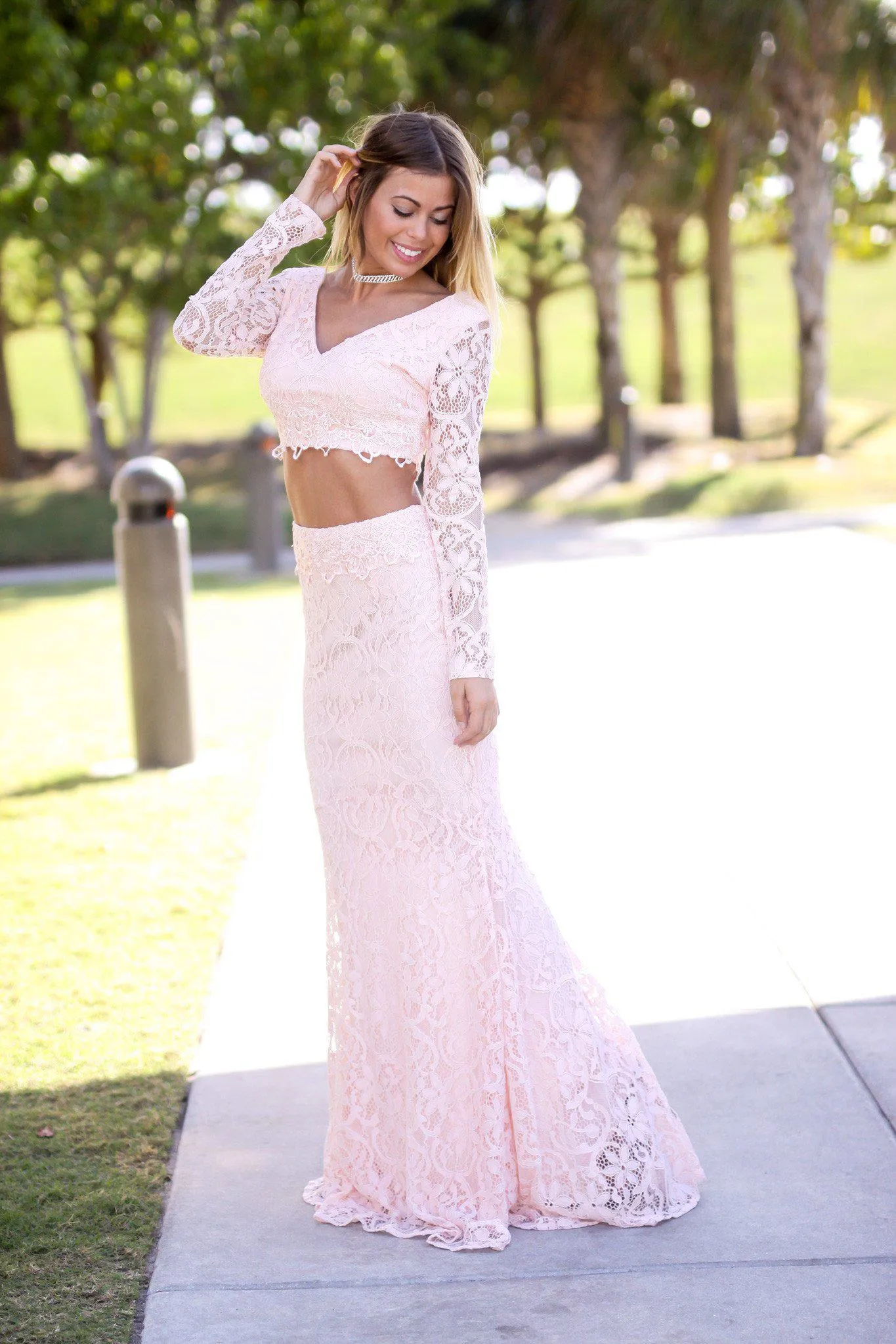 Pink V-Neck Long Sleeve Lace Two Piece