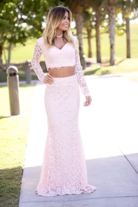 Pink V-Neck Long Sleeve Lace Two Piece