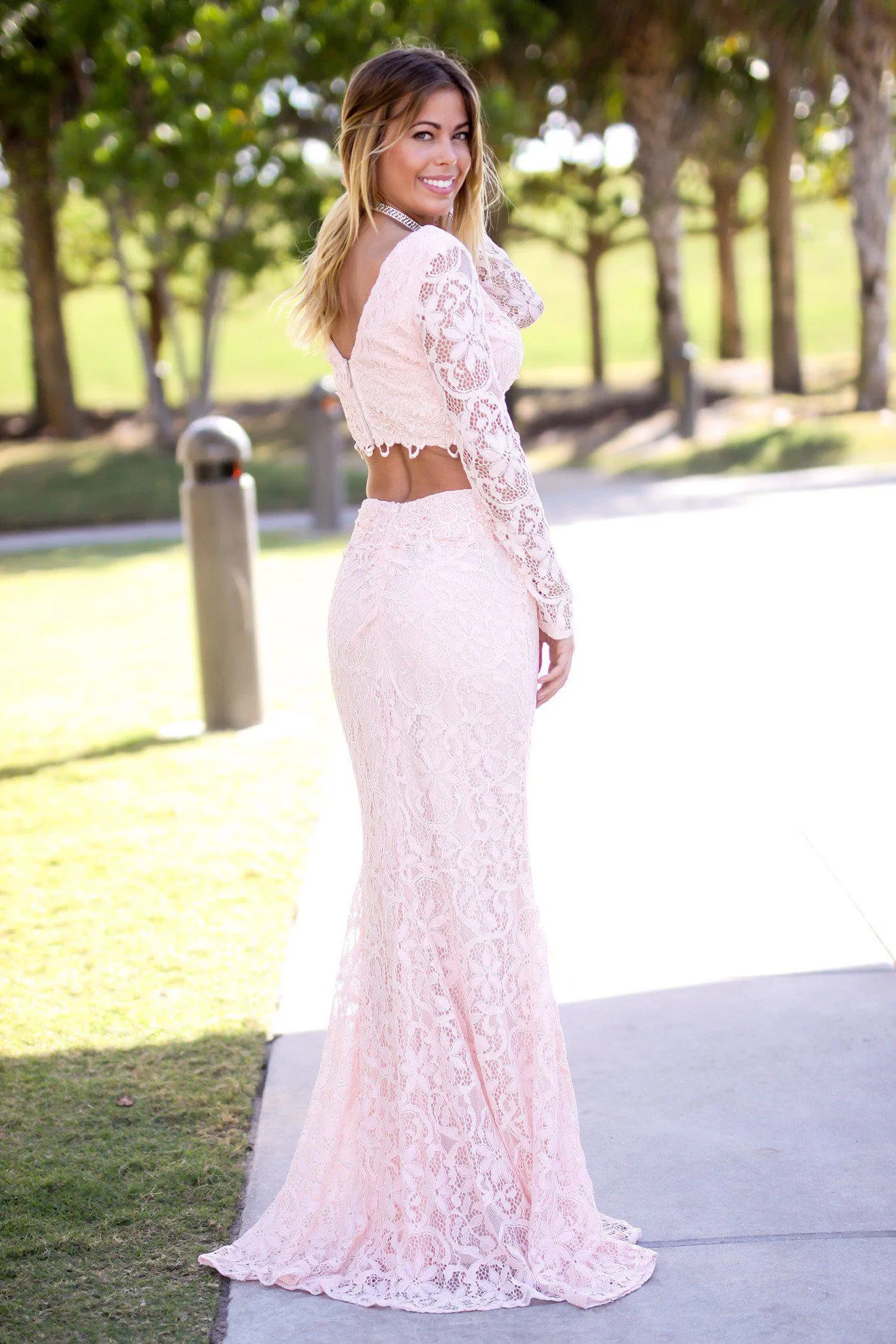 Pink V-Neck Long Sleeve Lace Two Piece