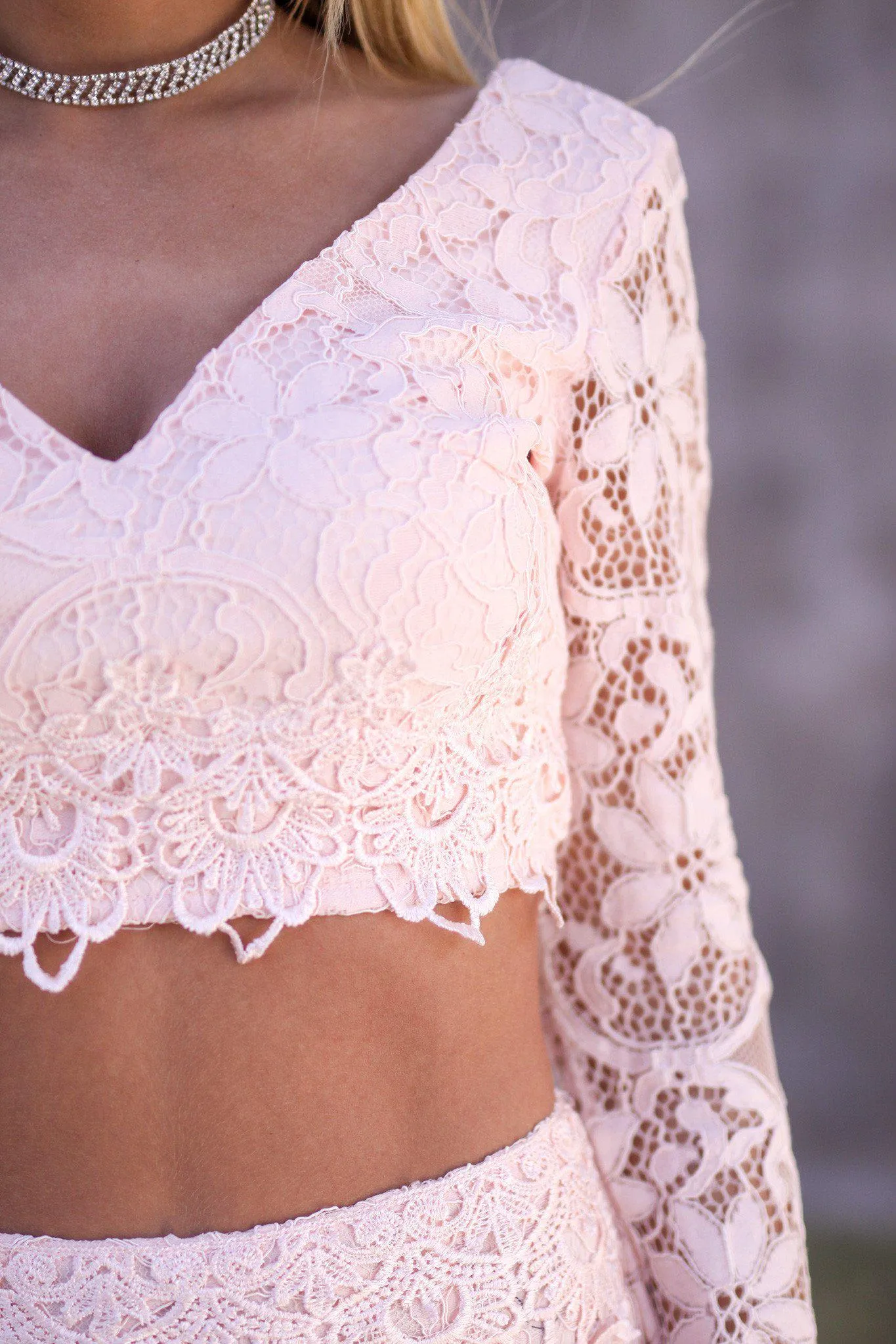 Pink V-Neck Long Sleeve Lace Two Piece