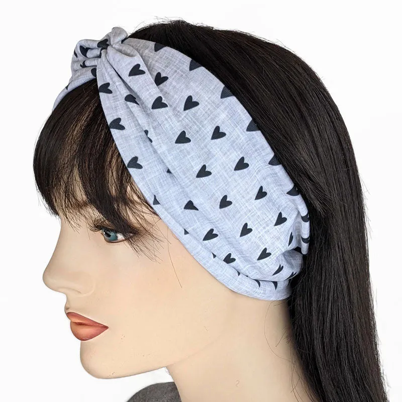 Premium, wide turban style comfy wide jersey knit  headband, black hearts on grey