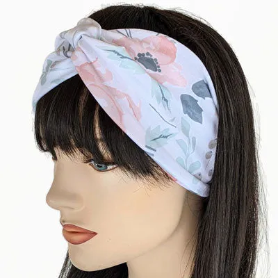 Premium, wide turban style comfy wide jersey knit  headband, soft peachy floral