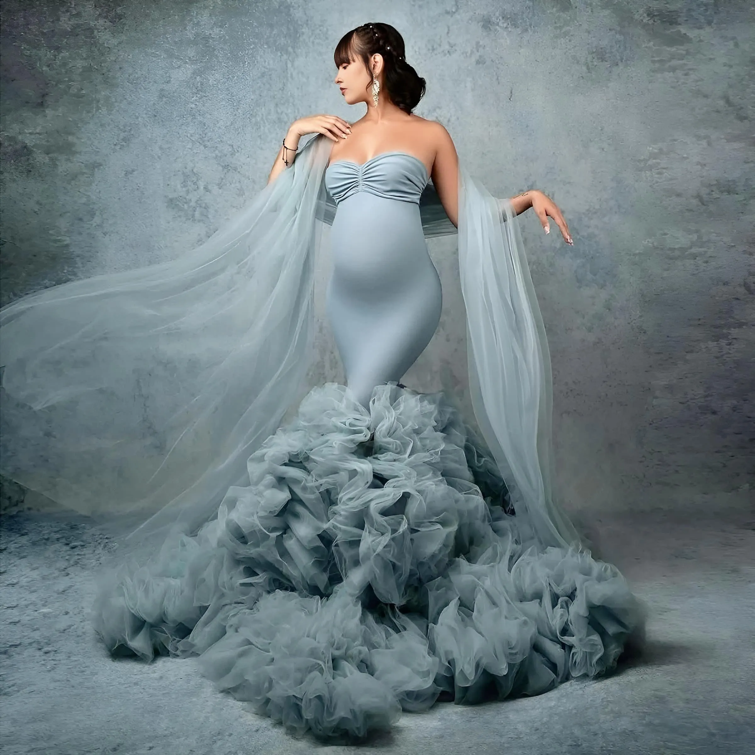 Puffy Ruffles Maternity Dress For Photoshoot Women Pregnant Gowns Lush Tulle Blue Sweetheart Maxi Dresses Shawl