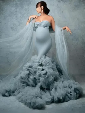 Puffy Ruffles Maternity Dress For Photoshoot Women Pregnant Gowns Lush Tulle Blue Sweetheart Maxi Dresses Shawl