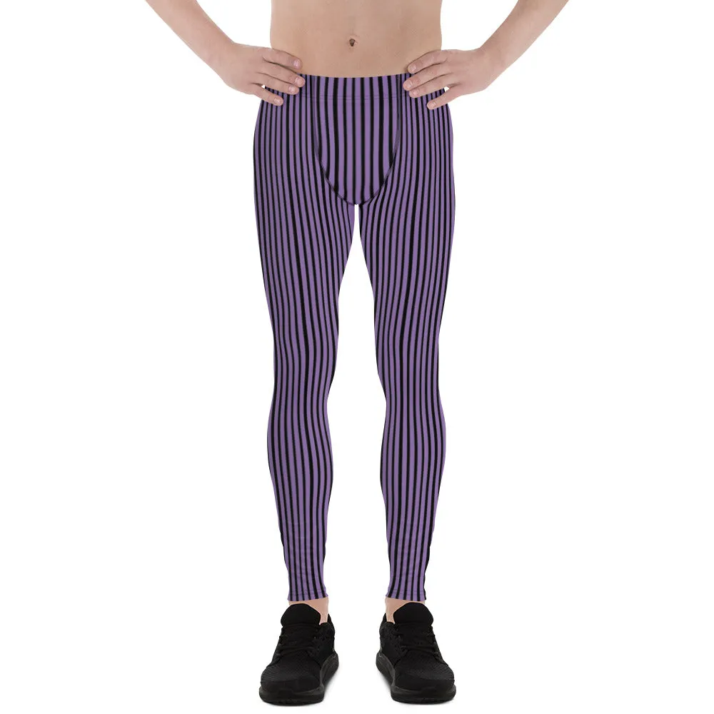 Purple Black Striped Men's Leggings, Modern Stripes Meggings Tights-Made in USA/EU/MX