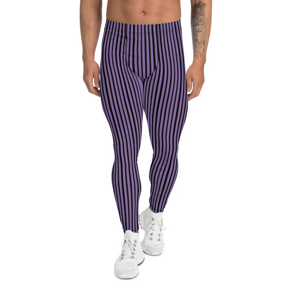 Purple Black Striped Men's Leggings, Modern Stripes Meggings Tights-Made in USA/EU/MX