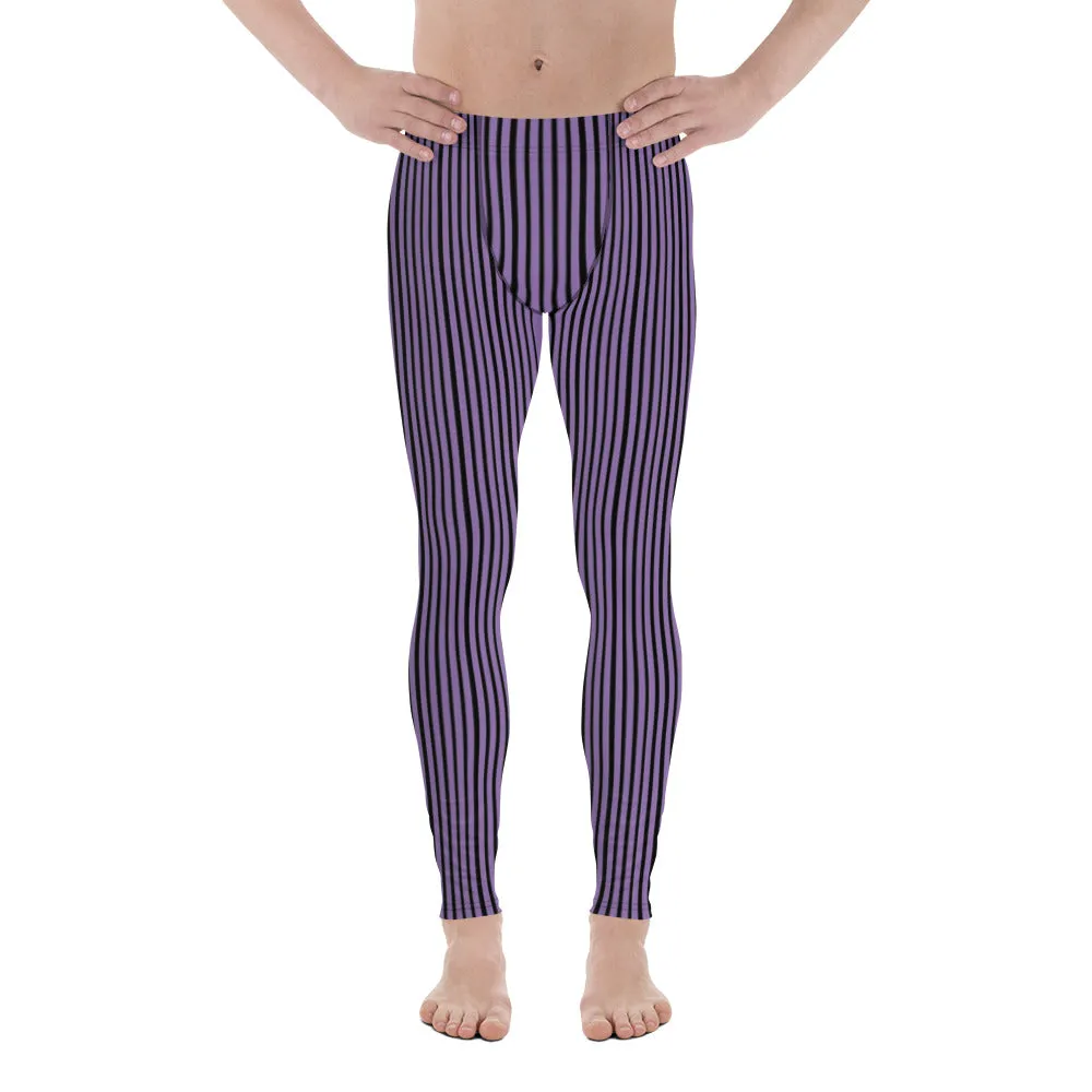 Purple Black Striped Men's Leggings, Modern Stripes Meggings Tights-Made in USA/EU/MX