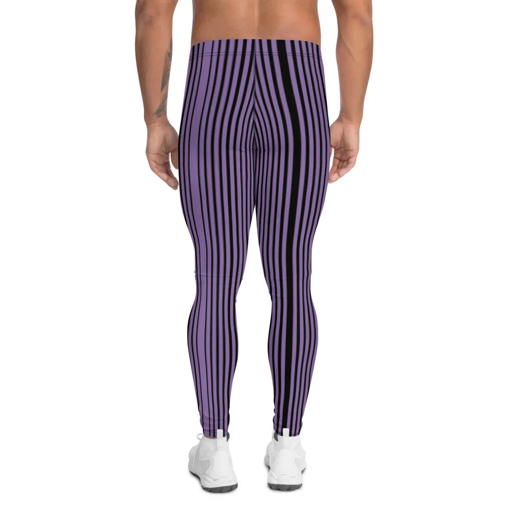 Purple Black Striped Men's Leggings, Modern Stripes Meggings Tights-Made in USA/EU/MX