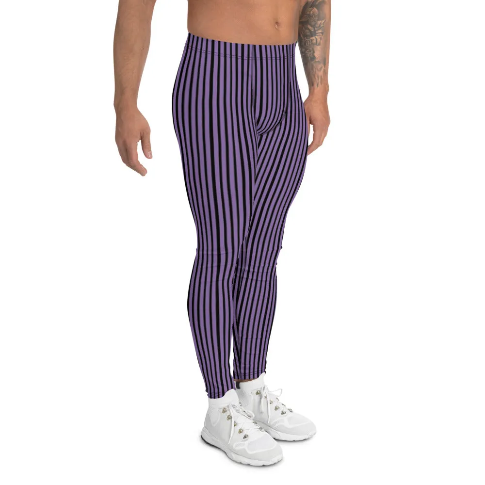 Purple Black Striped Men's Leggings, Modern Stripes Meggings Tights-Made in USA/EU/MX