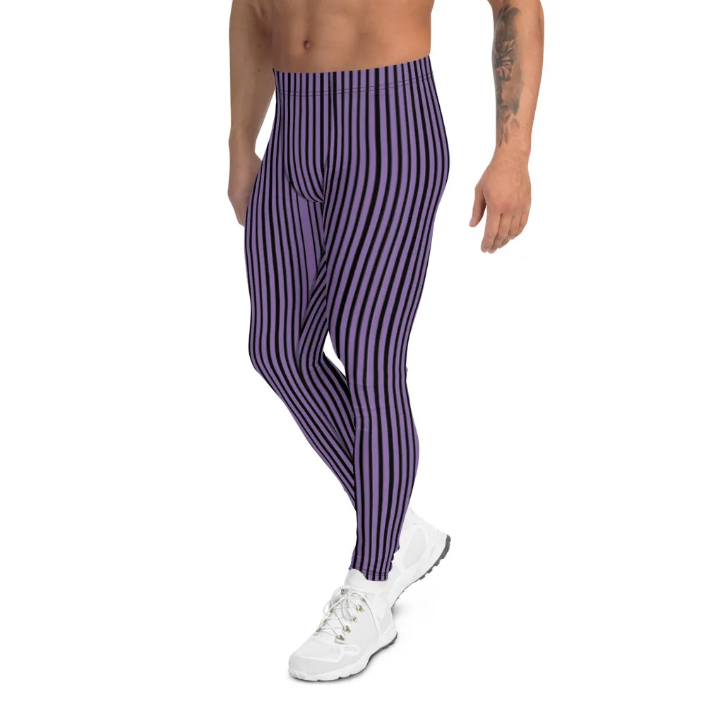 Purple Black Striped Men's Leggings, Modern Stripes Meggings Tights-Made in USA/EU/MX