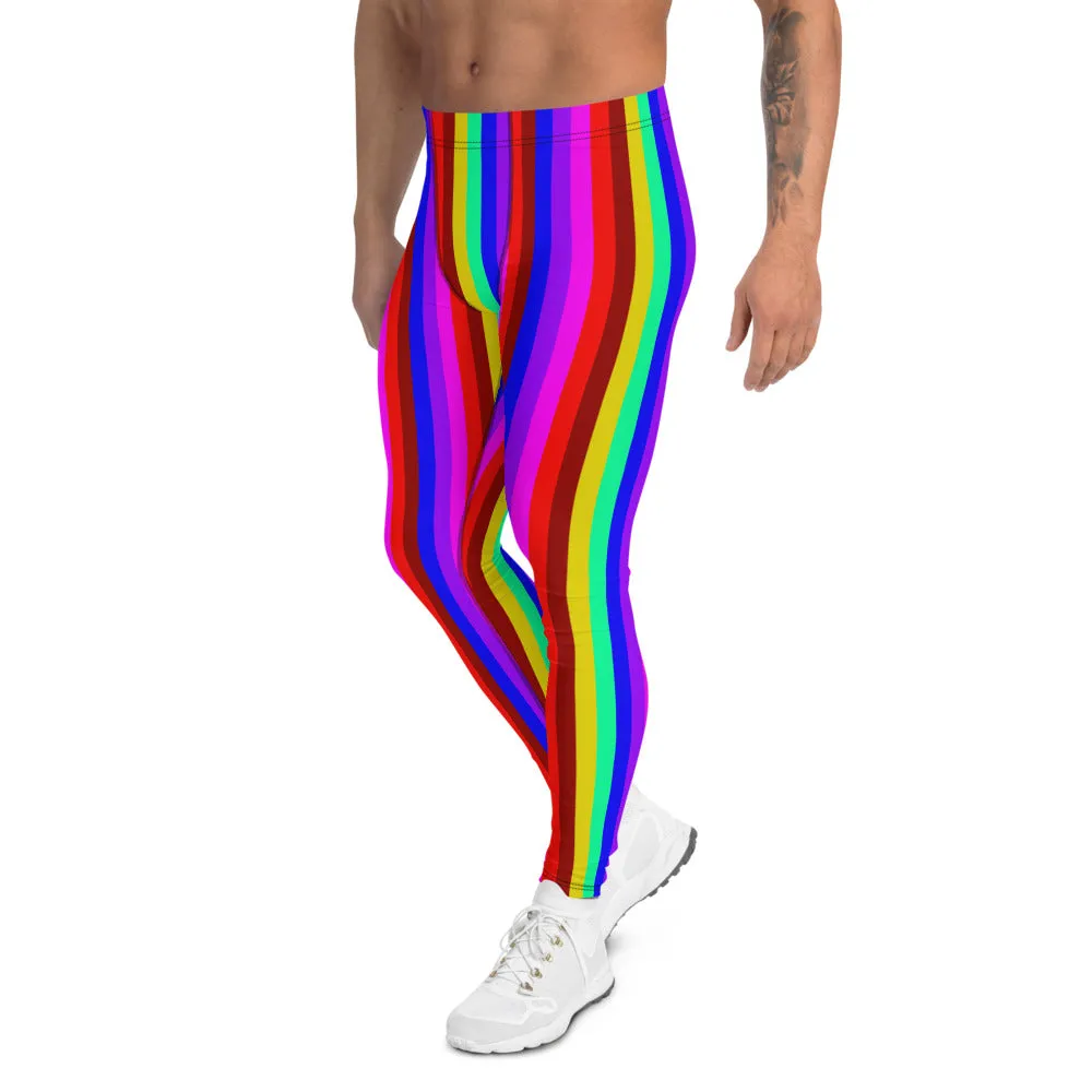 Rainbow Striped Men's Leggings, Gay Pride Festival Circus Rave Meggings-Made in USA/EU