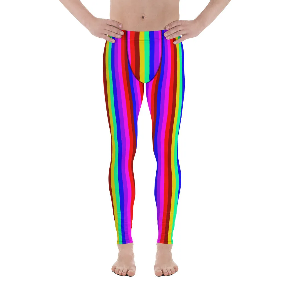 Rainbow Striped Men's Leggings, Gay Pride Festival Circus Rave Meggings-Made in USA/EU