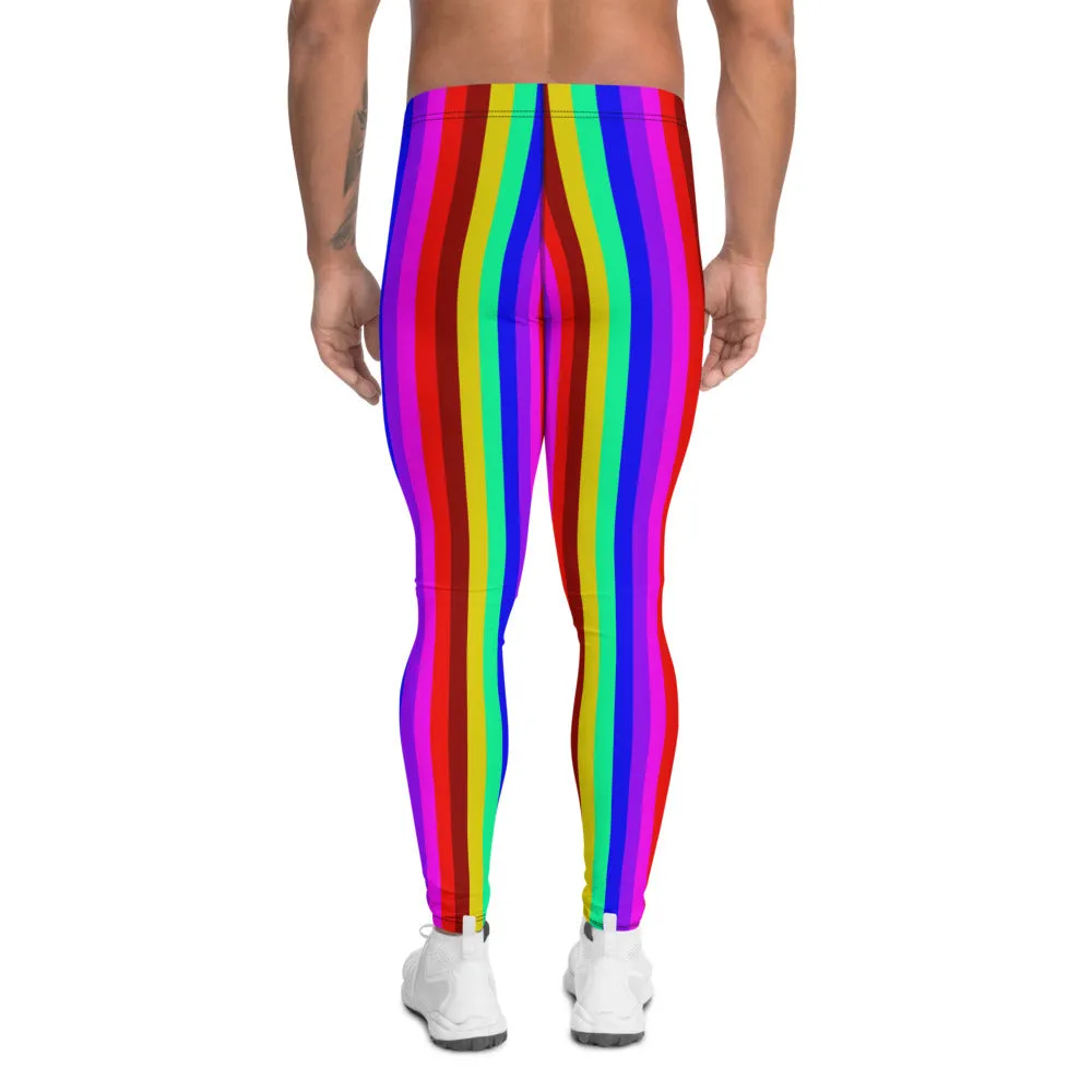 Rainbow Striped Men's Leggings, Gay Pride Festival Circus Rave Meggings-Made in USA/EU