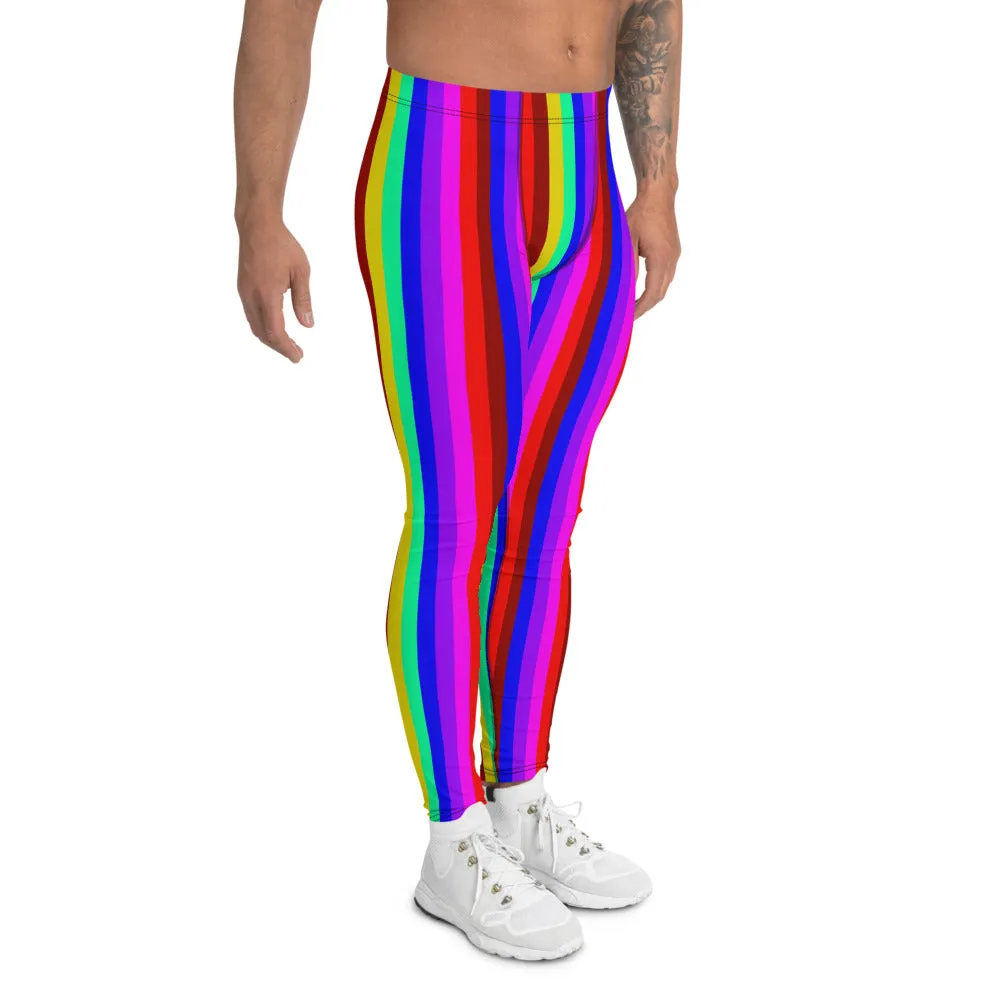 Rainbow Striped Men's Leggings, Gay Pride Festival Circus Rave Meggings-Made in USA/EU