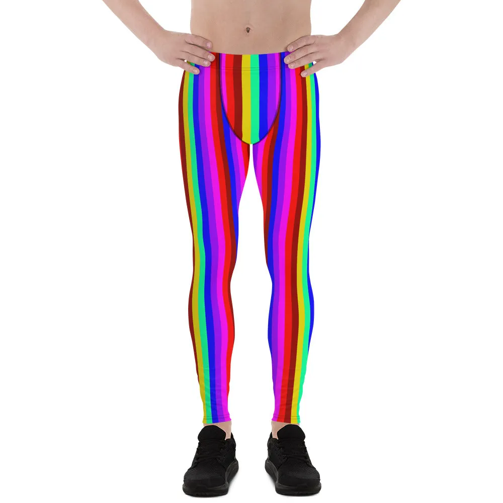 Rainbow Striped Men's Leggings, Gay Pride Festival Circus Rave Meggings-Made in USA/EU