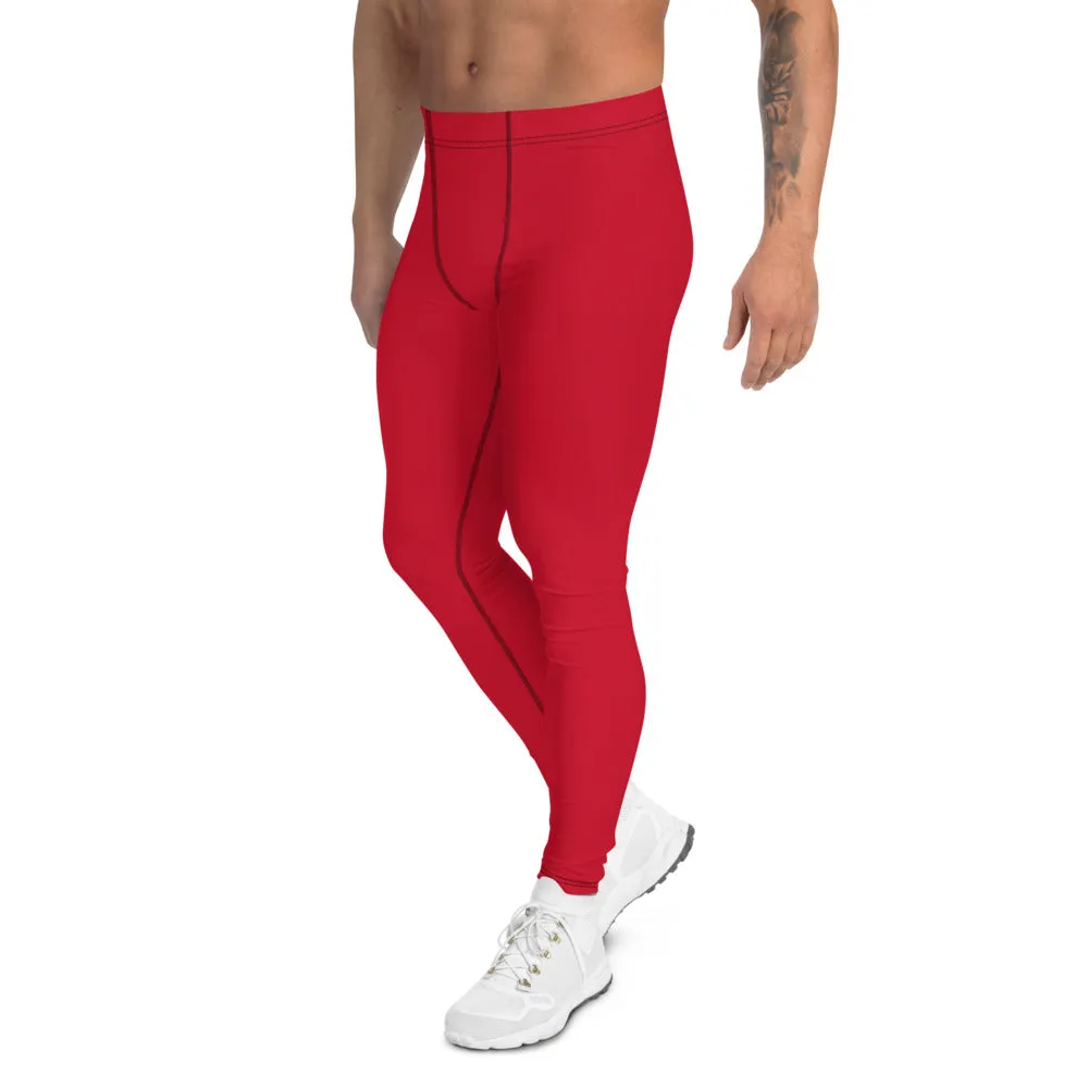 Red Solid Color Men's Leggings, Modern Meggings Compression Run Tights-Made in USA/EU