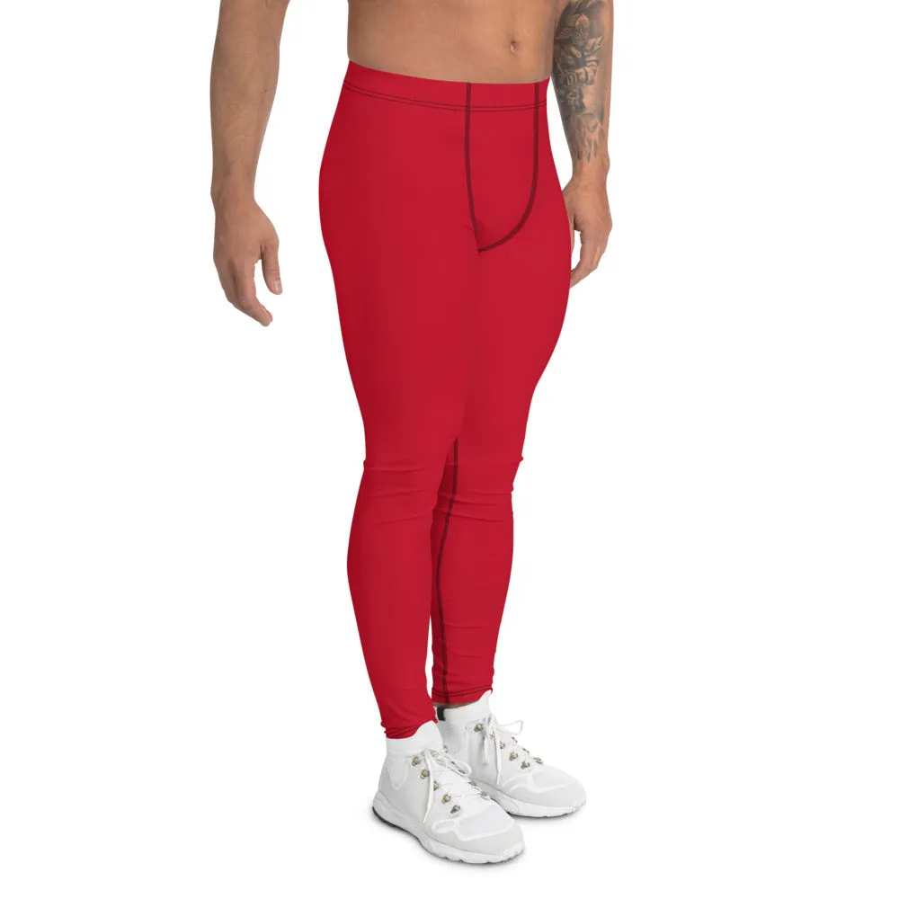 Red Solid Color Men's Leggings, Modern Meggings Compression Run Tights-Made in USA/EU