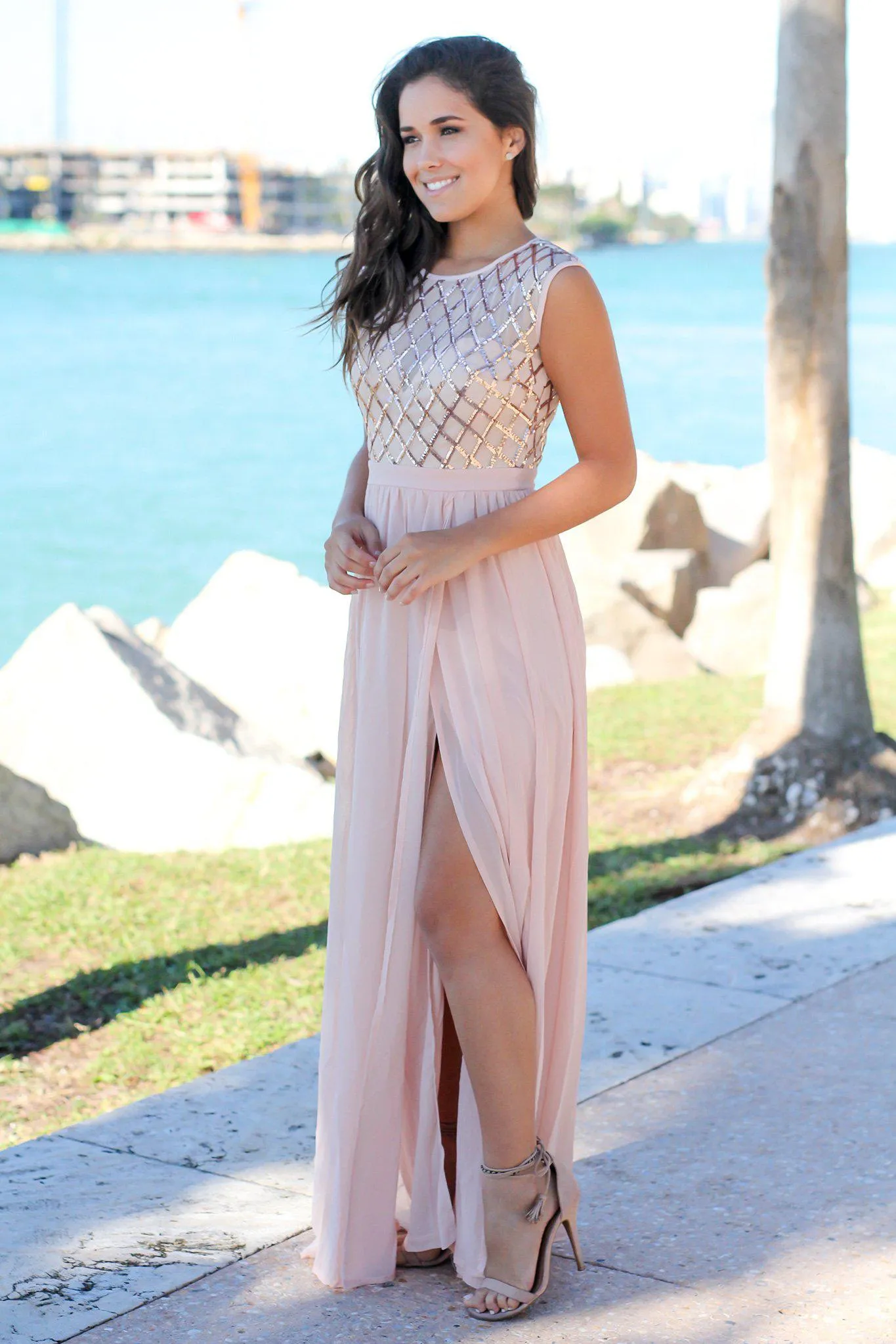 Rose Gold Maxi Dress with Sequin Top