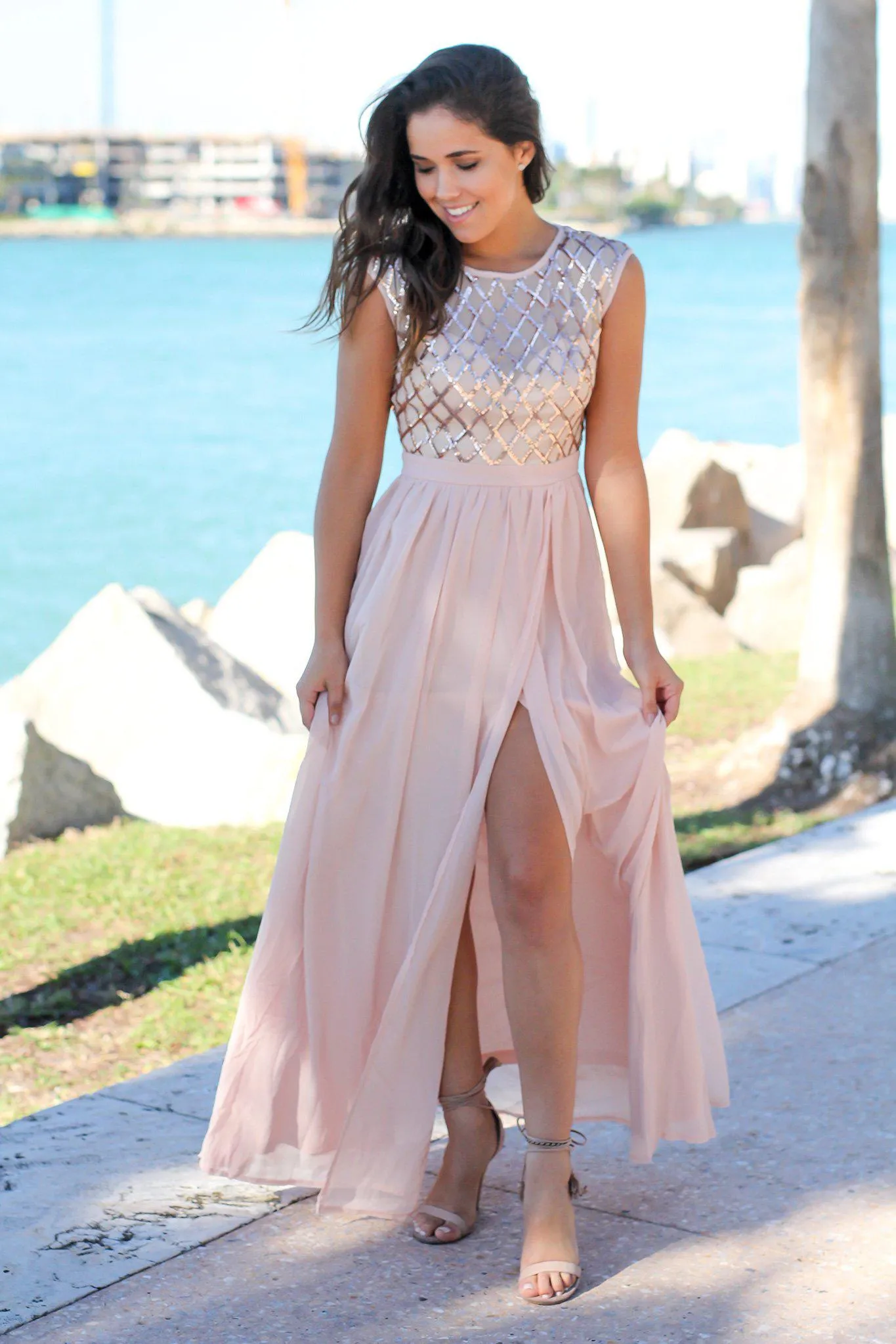 Rose Gold Maxi Dress with Sequin Top