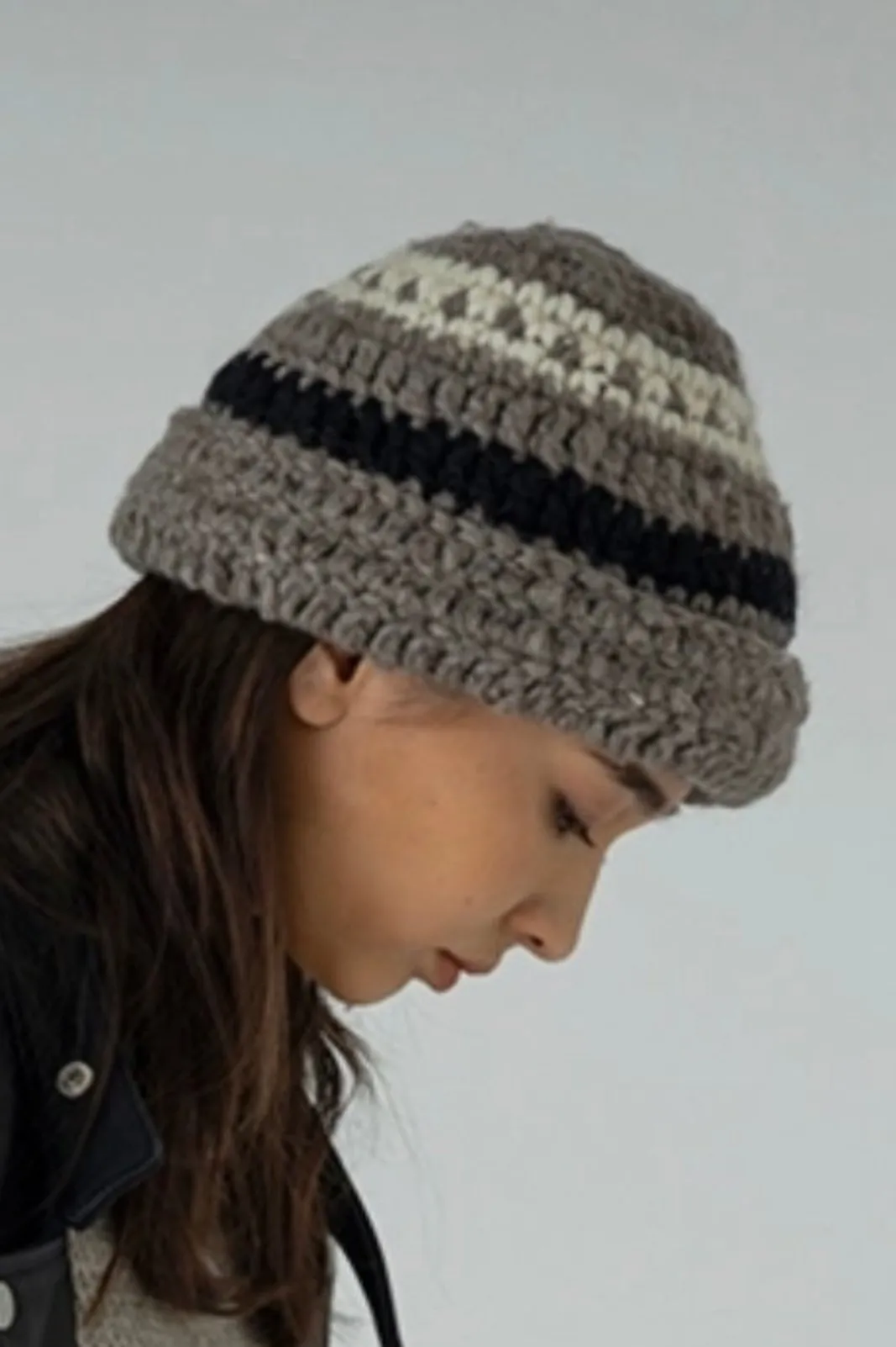 SB243-0408 Hand Knit Roll Hat Beige Mix