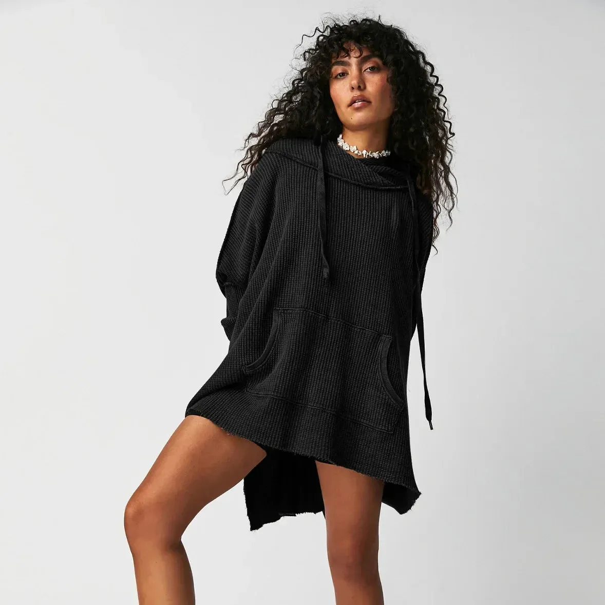 Solid Waffle Long Sleeve Coat Hoody by European American Fashion Brand