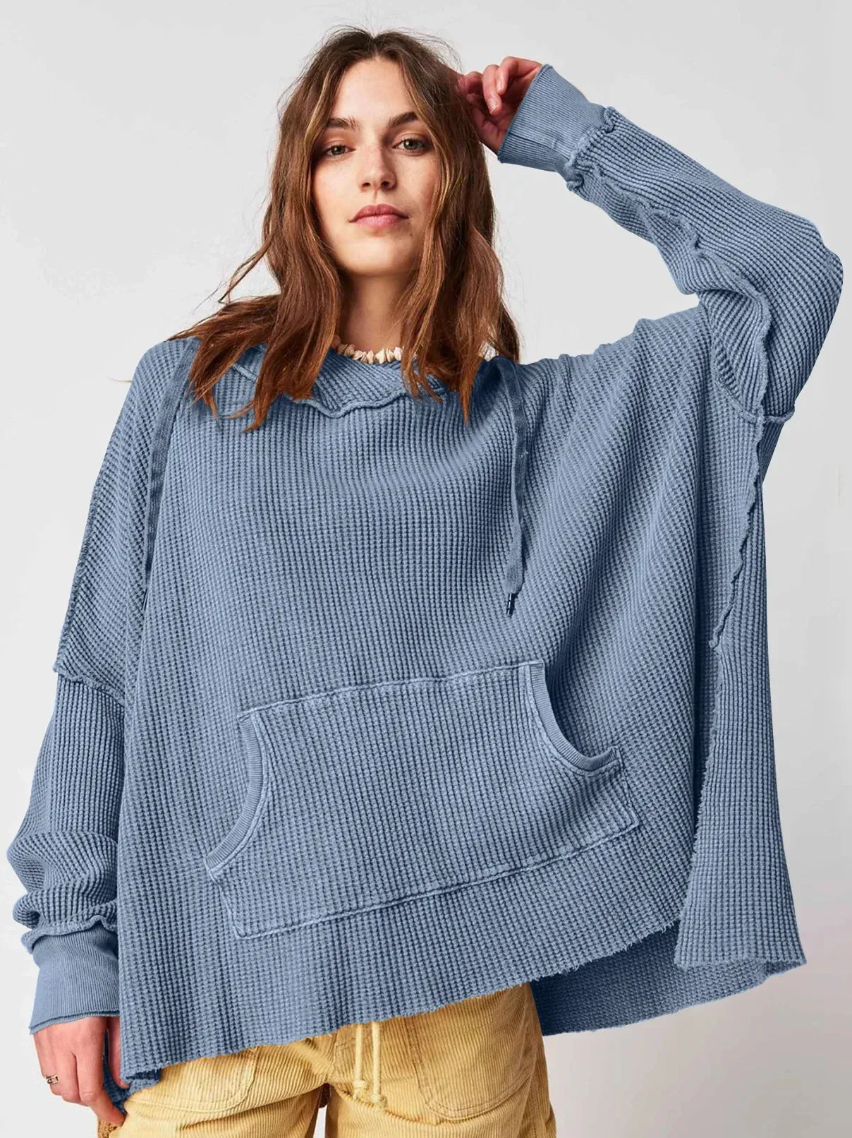 Solid Waffle Long Sleeve Coat Hoody by European American Fashion Brand