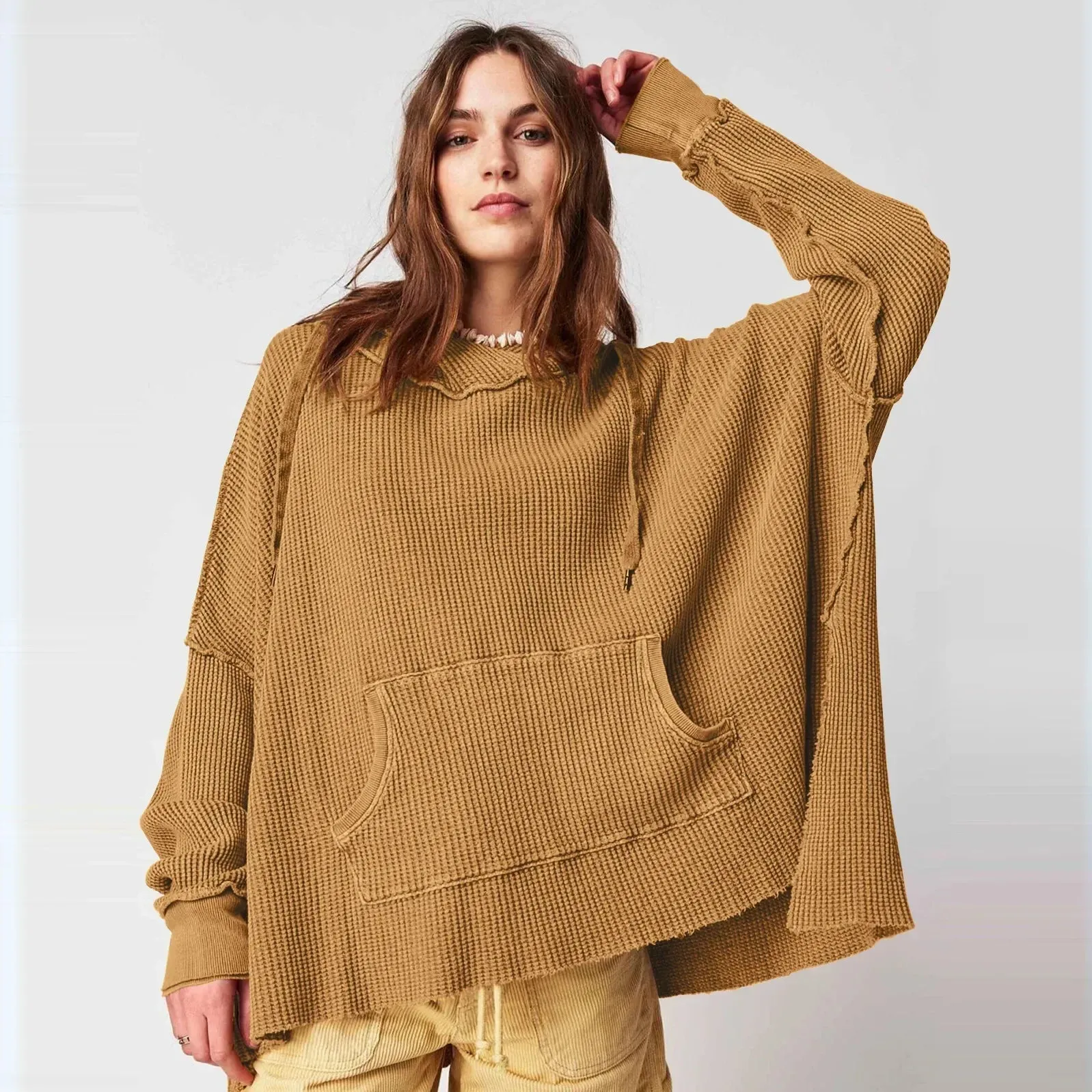 Solid Waffle Long Sleeve Coat Hoody by European American Fashion Brand