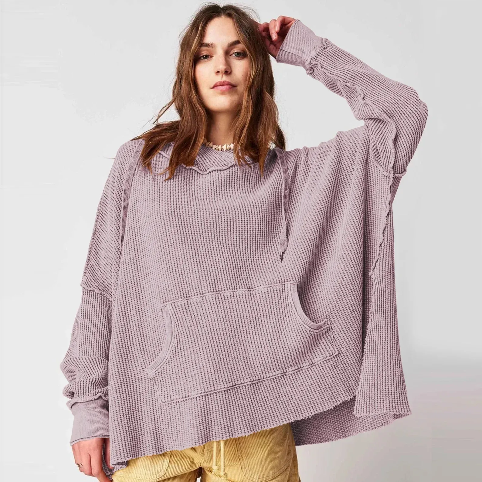 Solid Waffle Long Sleeve Coat Hoody by European American Fashion Brand