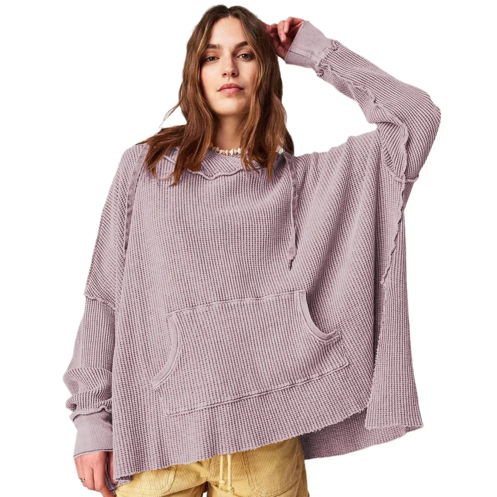 Solid Waffle Long Sleeve Coat Hoody by European American Fashion Brand