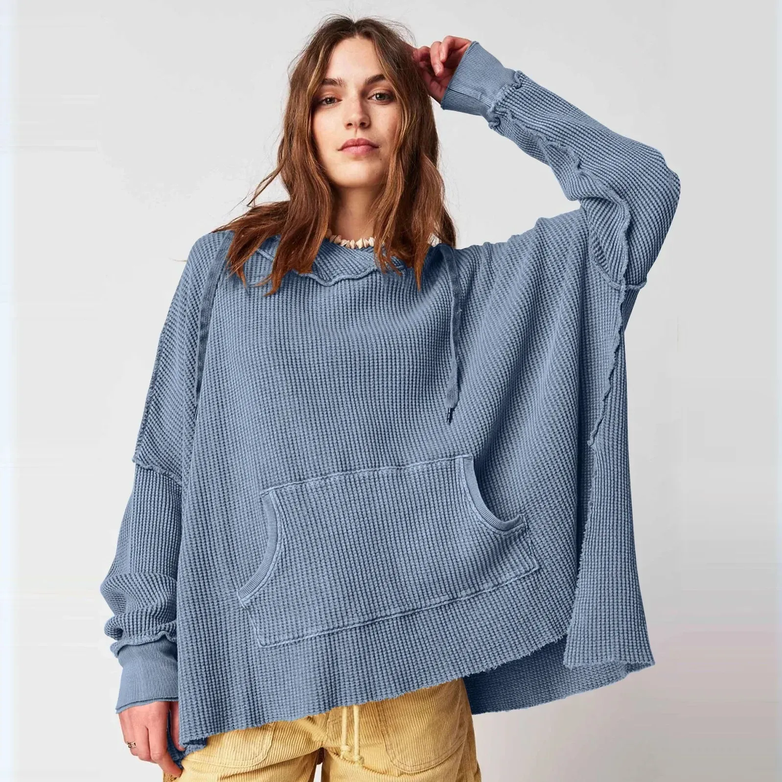 Solid Waffle Long Sleeve Coat Hoody by European American Fashion Brand