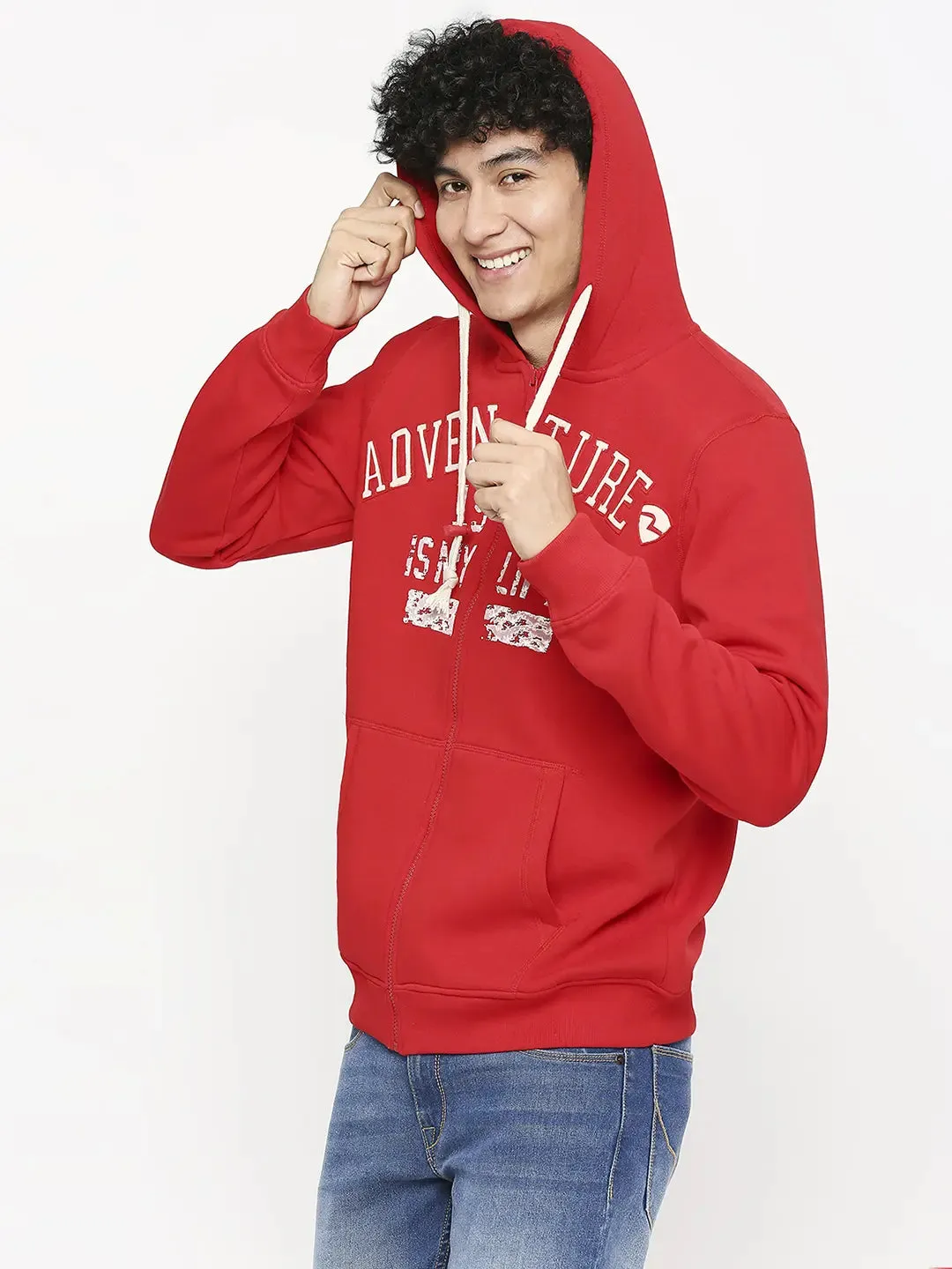 Spykar Men Red Cotton Slim Fit Hooded Jacket