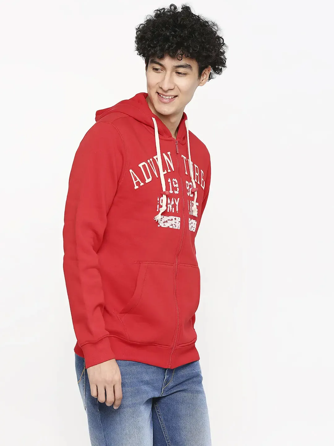 Spykar Men Red Cotton Slim Fit Hooded Jacket