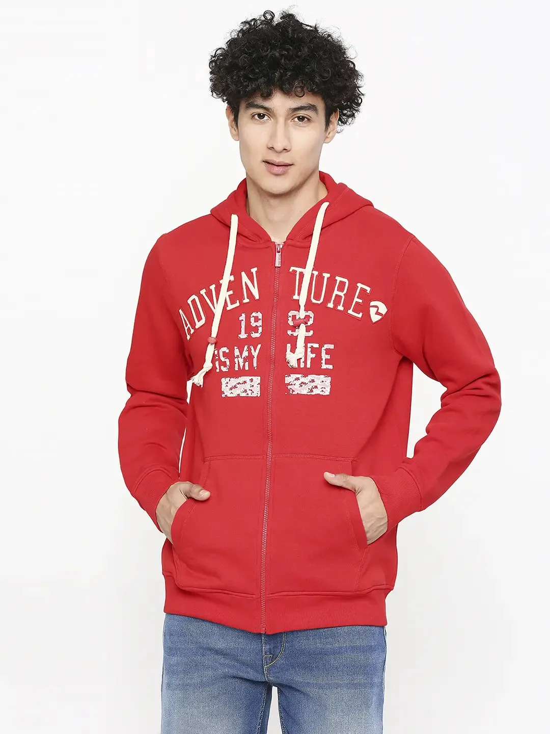 Spykar Men Red Cotton Slim Fit Hooded Jacket