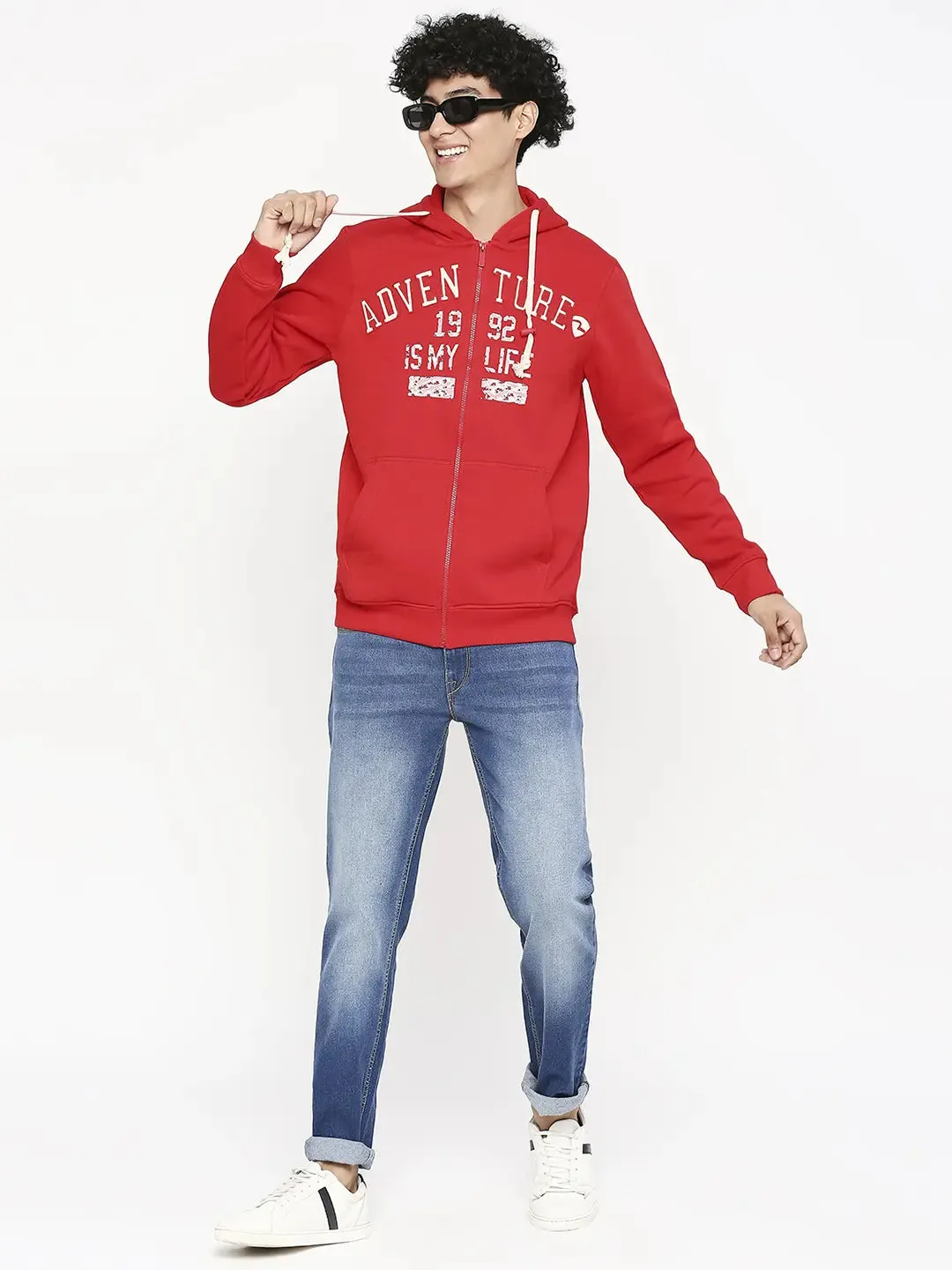 Spykar Men Red Cotton Slim Fit Hooded Jacket