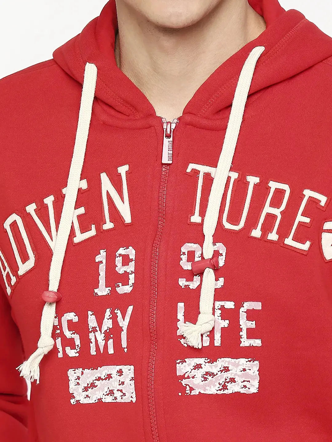 Spykar Men Red Cotton Slim Fit Hooded Jacket