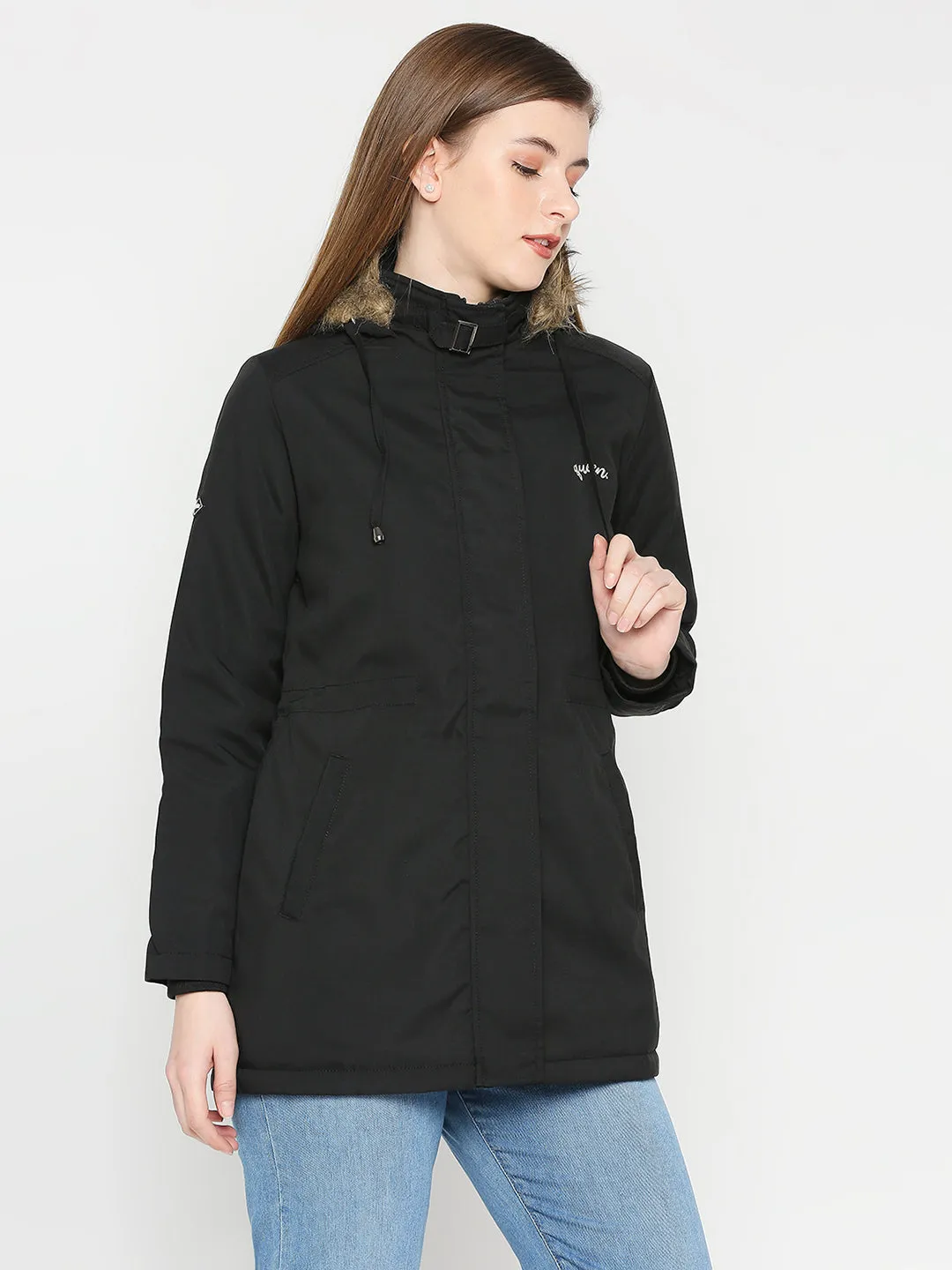 Spykar Women Black Nylon Slim Fit Hooded Jacket