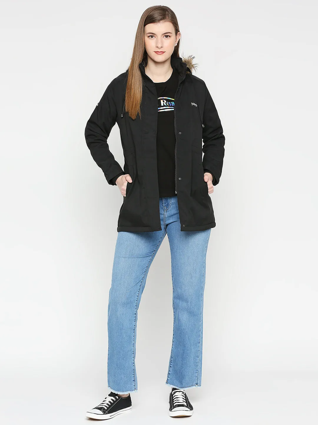 Spykar Women Black Nylon Slim Fit Hooded Jacket