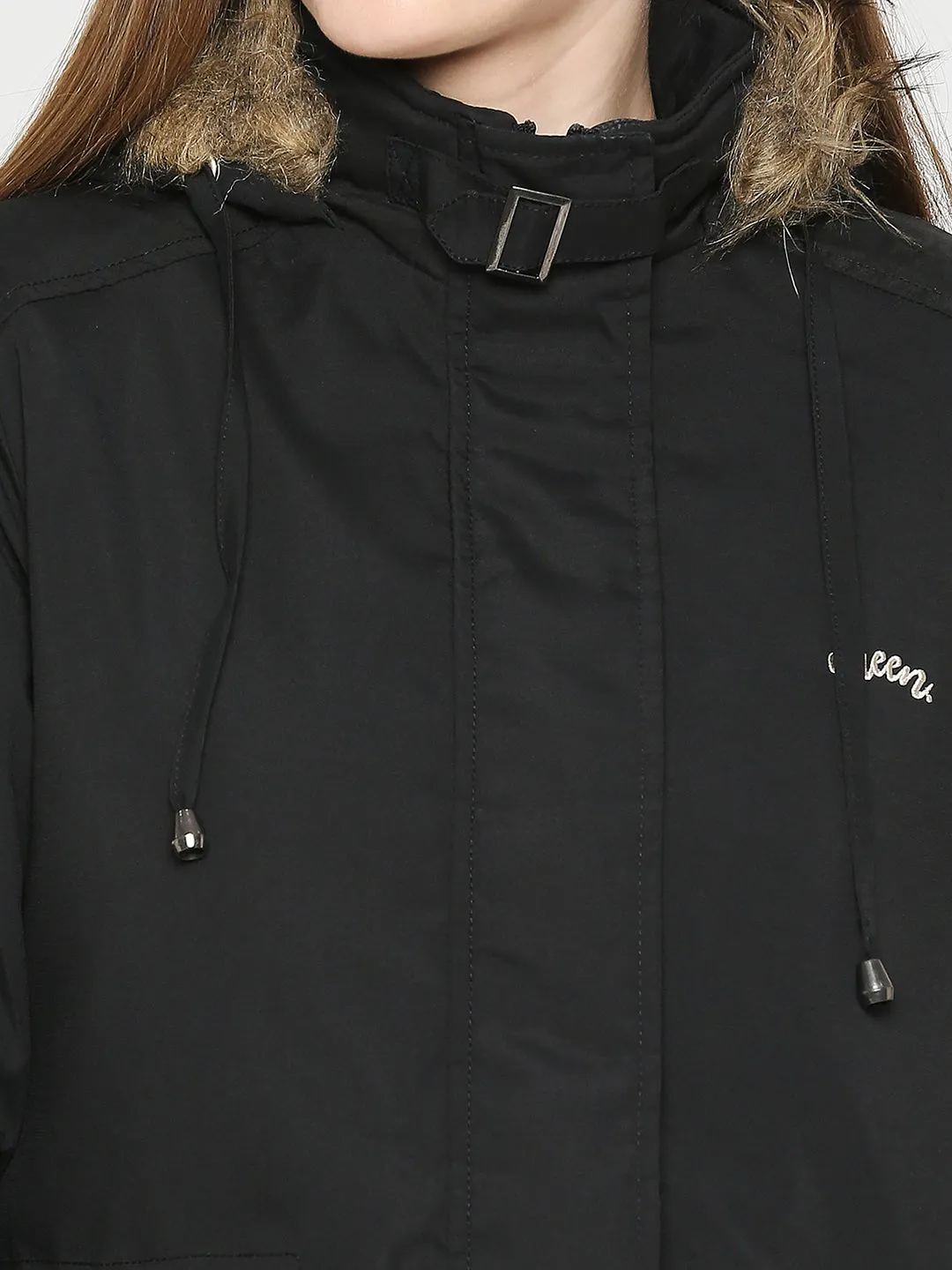 Spykar Women Black Nylon Slim Fit Hooded Jacket
