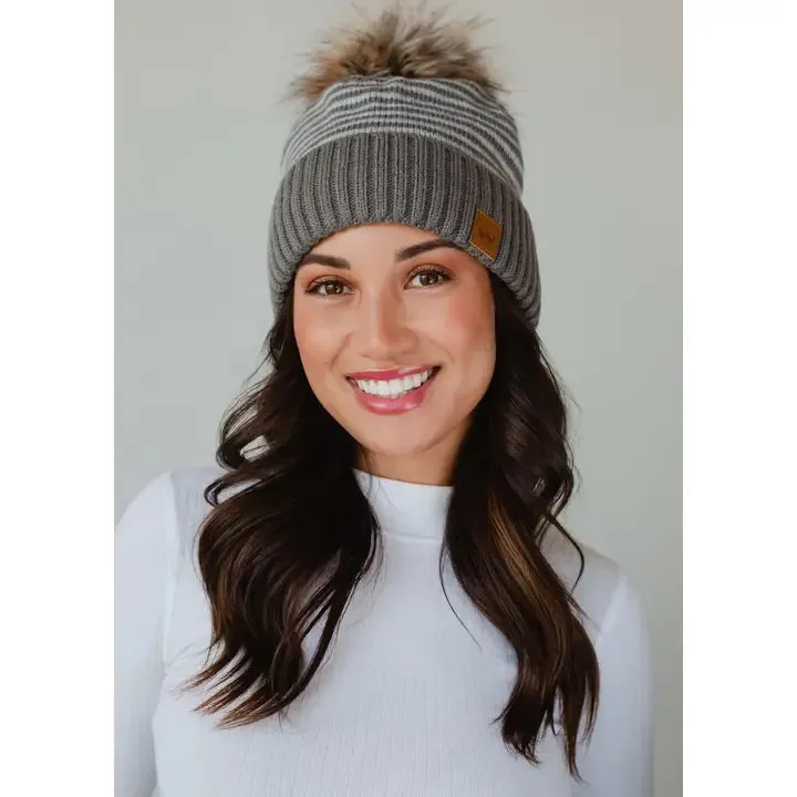 Striped Knit Pom Hat