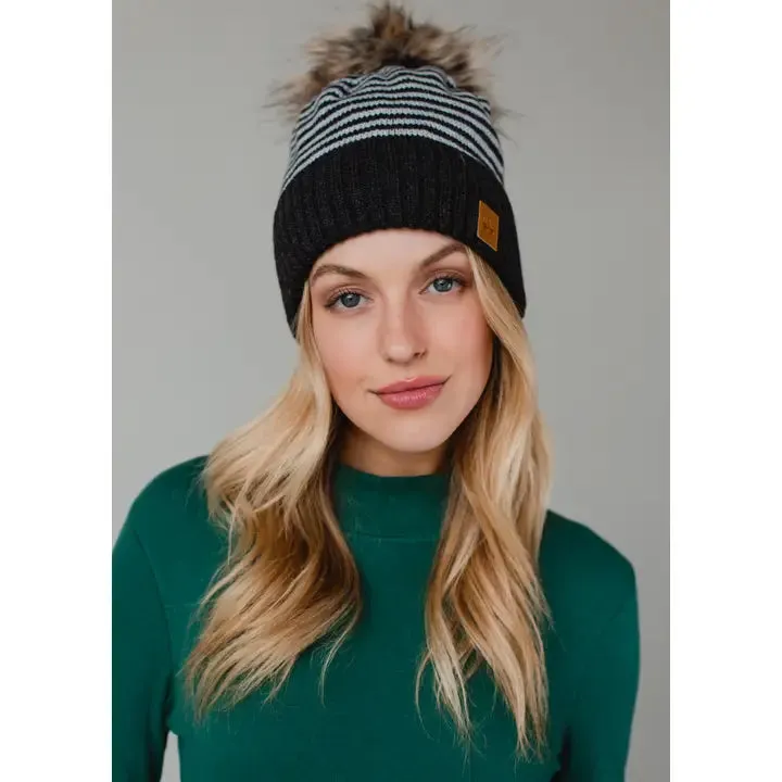 Striped Knit Pom Hat