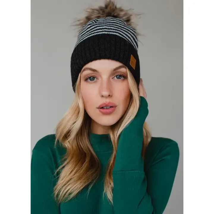Striped Knit Pom Hat