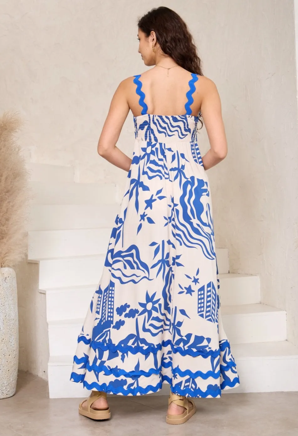 Summer White/Blue  Ric Rac Maxi Dress