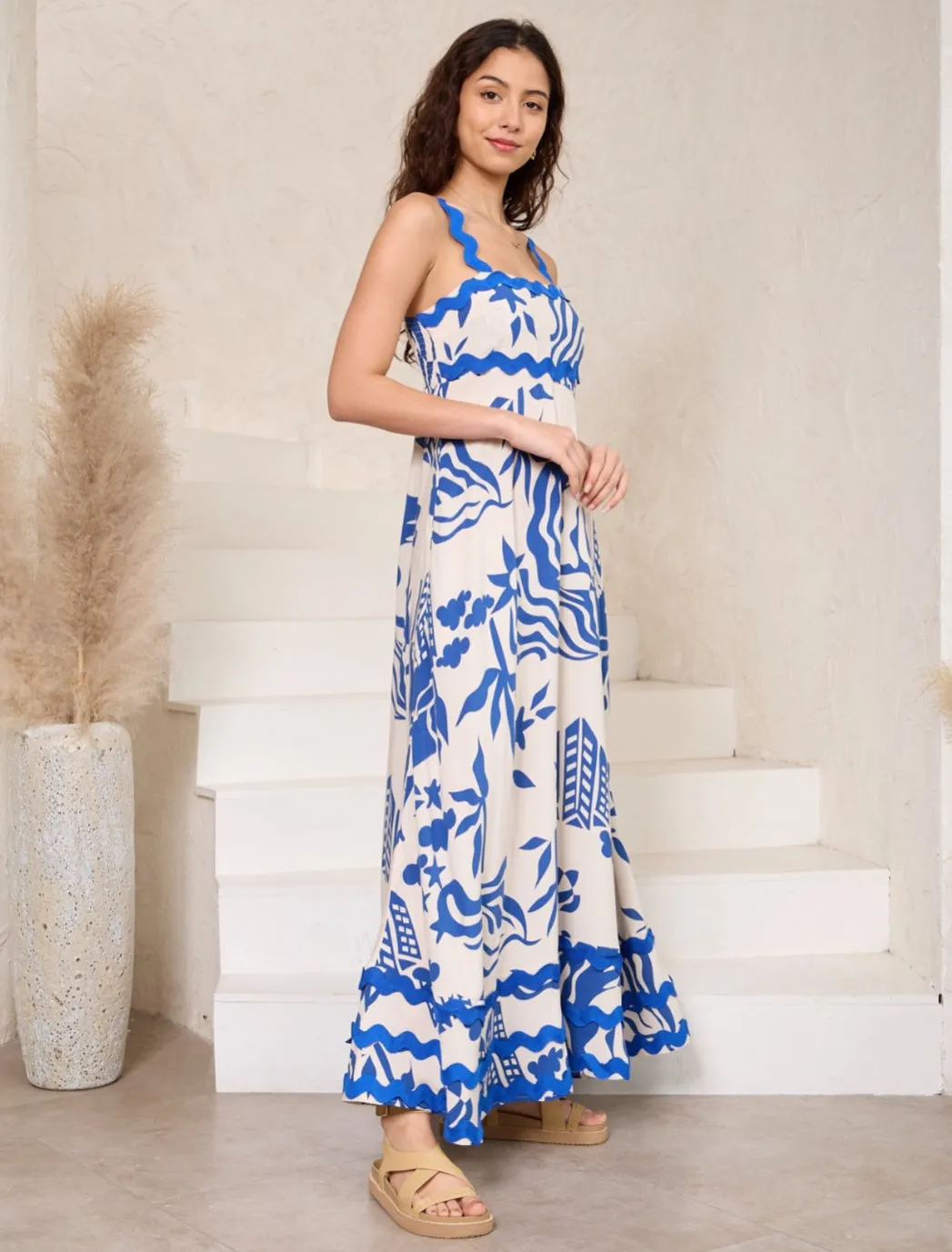 Summer White/Blue  Ric Rac Maxi Dress