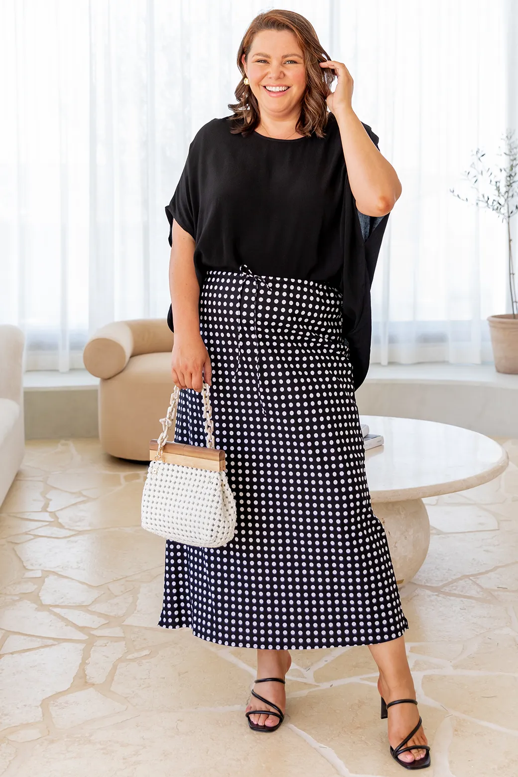 Taro Bias Midi Skirt Black White Spot