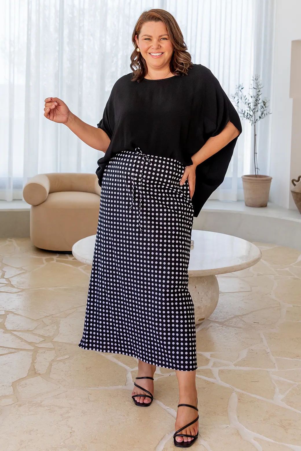 Taro Bias Midi Skirt Black White Spot