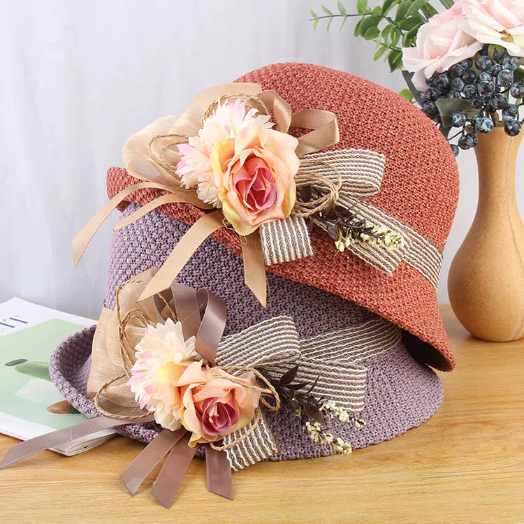 Temperament big flower hat summer breathable knitted ladies outdoor all-match sunscreen sun hat