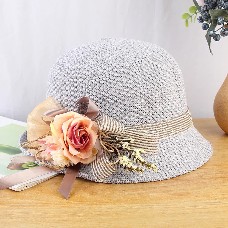 Temperament big flower hat summer breathable knitted ladies outdoor all-match sunscreen sun hat